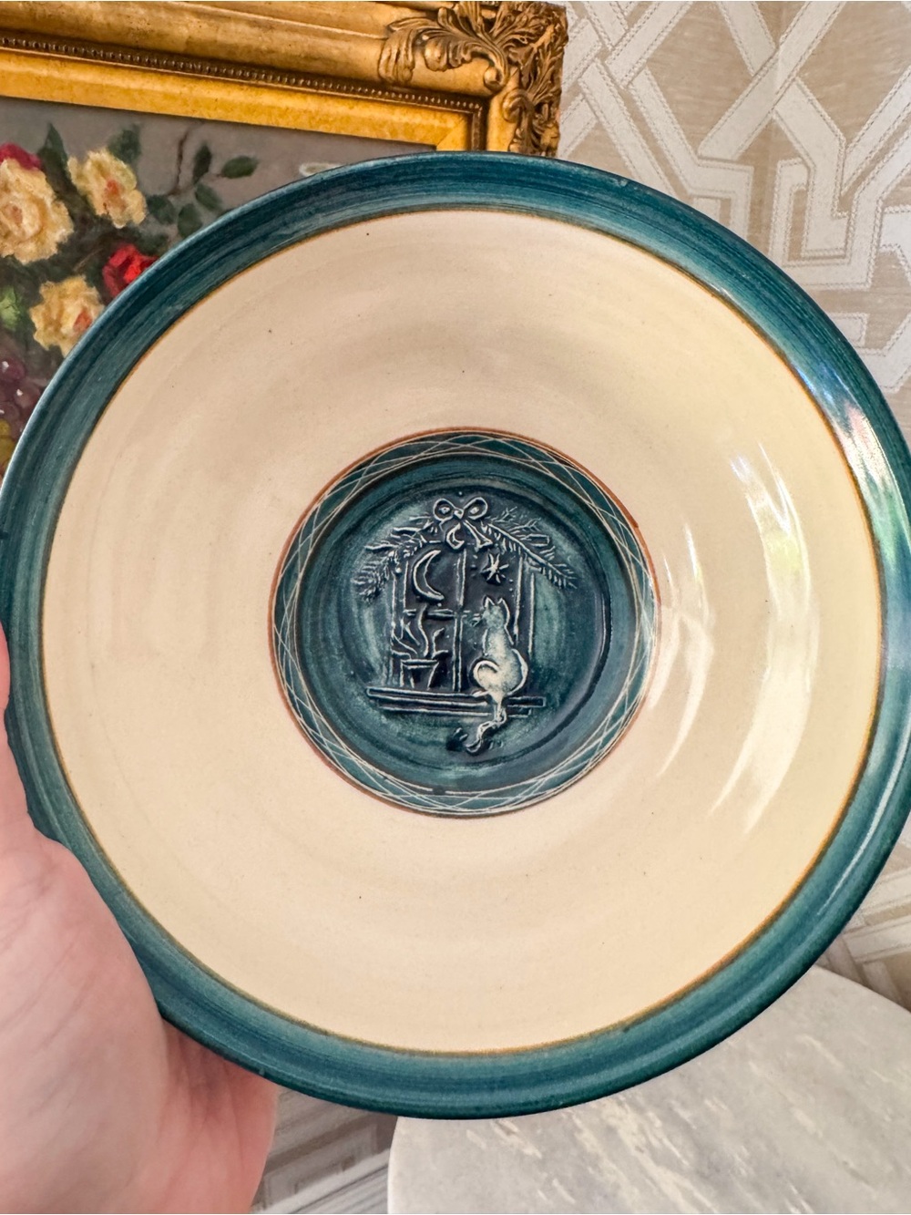Vintage Art Studio Pottery Cat in Window Bowl Signed B Yoder 1994 Green Cottage